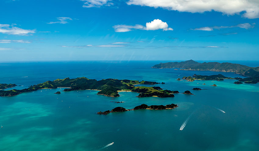 Bay of Islands aerial view with turquoise waters